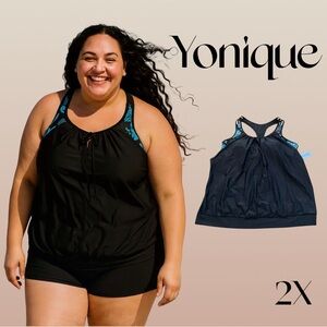 Yonique Swim Top Floral tropical leaves gathered racerback tankini bra 2X